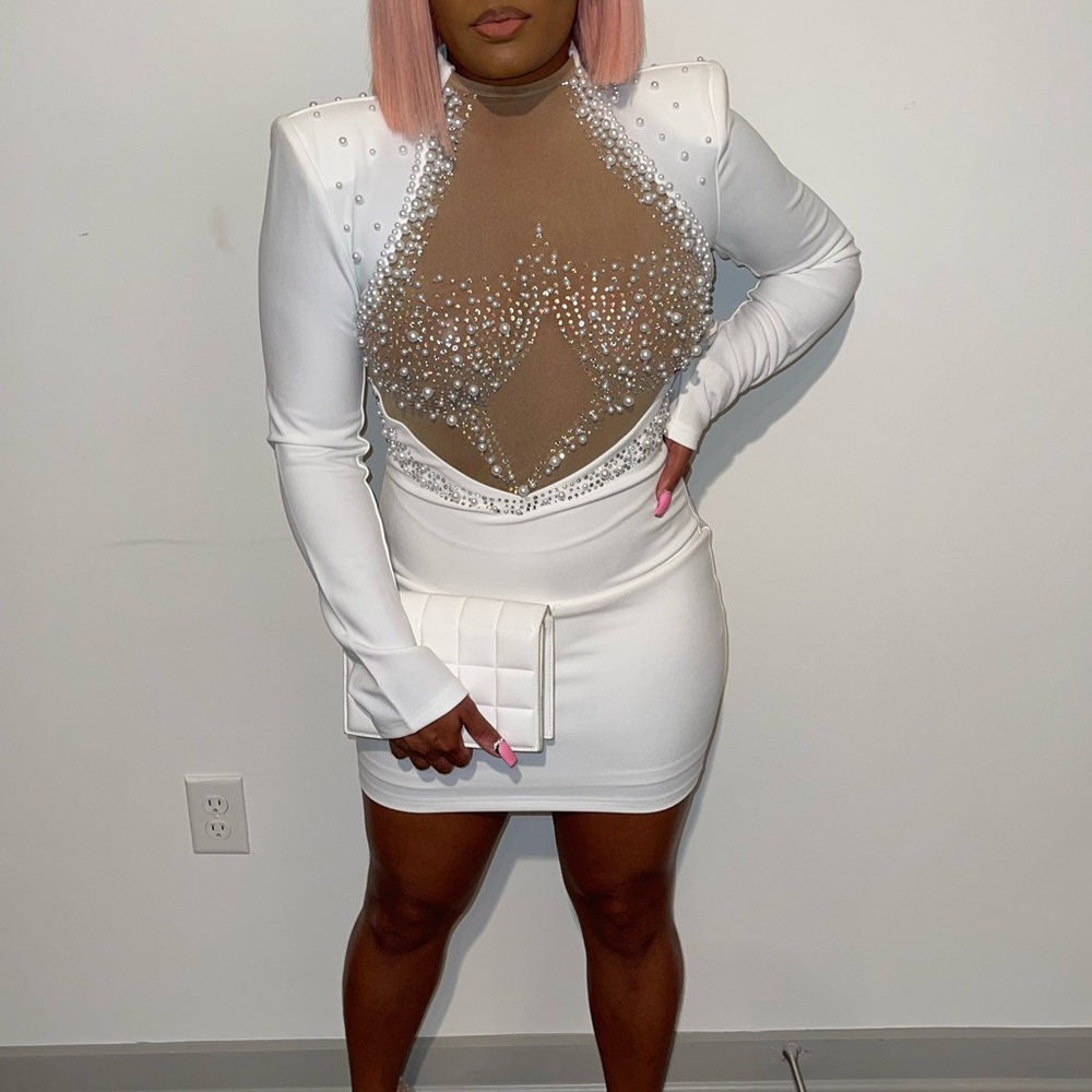 White Pearl long sleeve mini dress